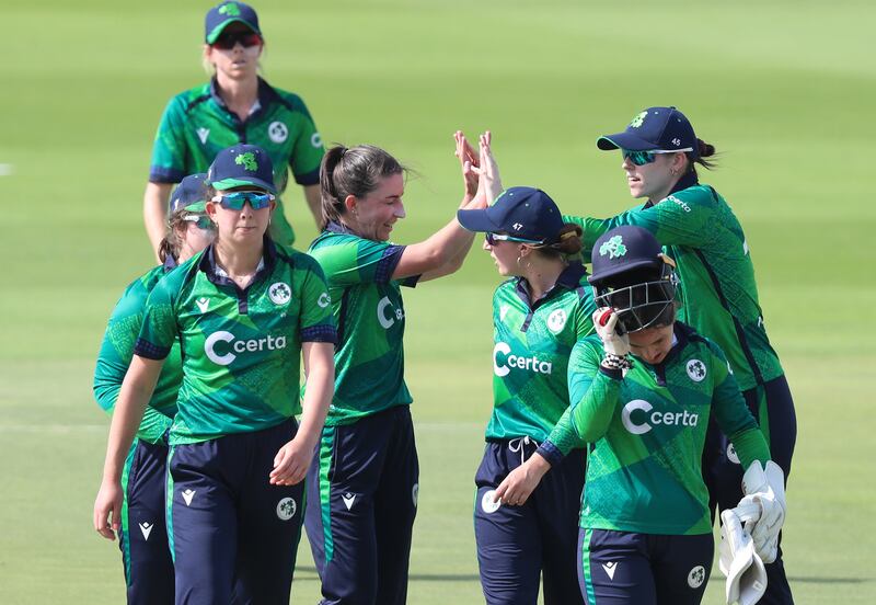 Ireland celebrate a UAE wicket during their Women's T20 World Cup qualifier in Abu Dhabi