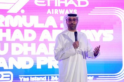 Saif Al Noaimi, CEO of Abu Dhabi Motorsports Management, speaks during the Formula 1 Etihad Airways Abu Dhabi Grand Prix 2023 official launch at Yas Island, Abu Dhabi. Khushnum Bhandari / The National