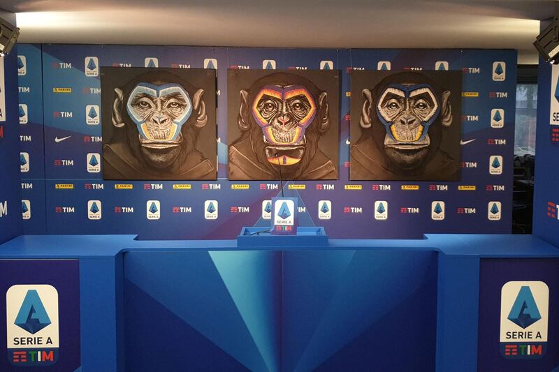 An anti-racism campaign artwork by Italian artist Simone Fugazzotto featuring three side-by-side paintings of apes is presented by Italian soccer league Serie A during a news conference in Milan, Italy, December 16, 2019. Picture taken December 16, 2019. Handout via REUTERS ATTENTION EDITORS - THIS PICTURE WAS PROVIDED BY A THIRD PARTY.