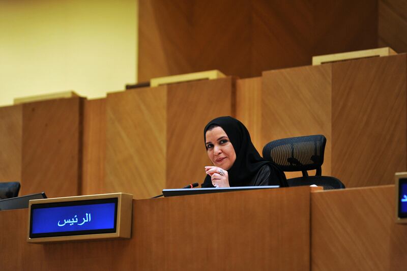 ABU DHABI, UNITED ARAB EMIRATES - - -  June 14, 2016 ---  Dr. Amal Al Qubaisi, the speaker of the FNC, presided over an evening session of the FNC which was held on Tuesday night, June 14, 2016, in Abu Dhabi. It was suppose to be the last session of the term but a session is said to take place at 11am on Wednesday morning.     ( DELORES JOHNSON / The National )  
ID: 56842
Reporter:  Haneen Al Dajani
Section: NA *** Local Caption ***  DJ-140616-NA-FNC-Nightsession-56842-008.jpg