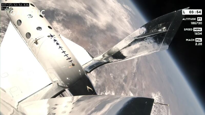 The VSS Unity spaceplane starts descending back to Earth after taking passengers 85.1 km above the New Mexico desert.