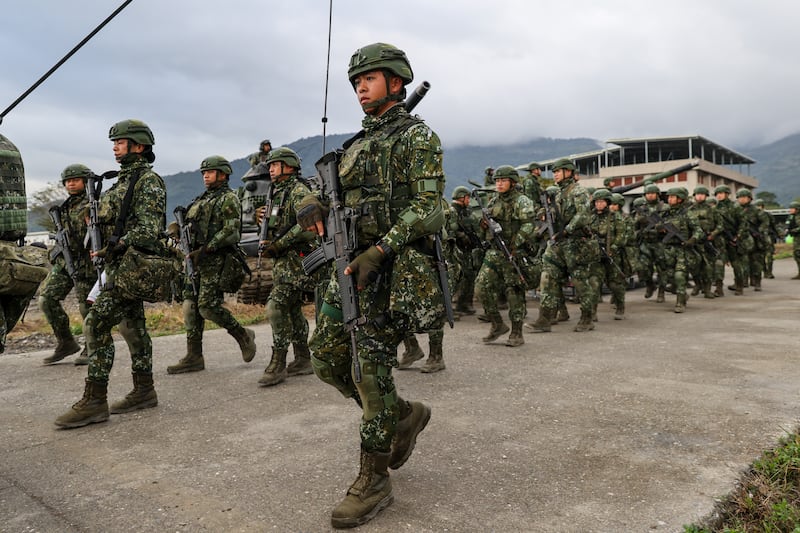 Taiwanese soldiers march during a drill in Taitung. EPA