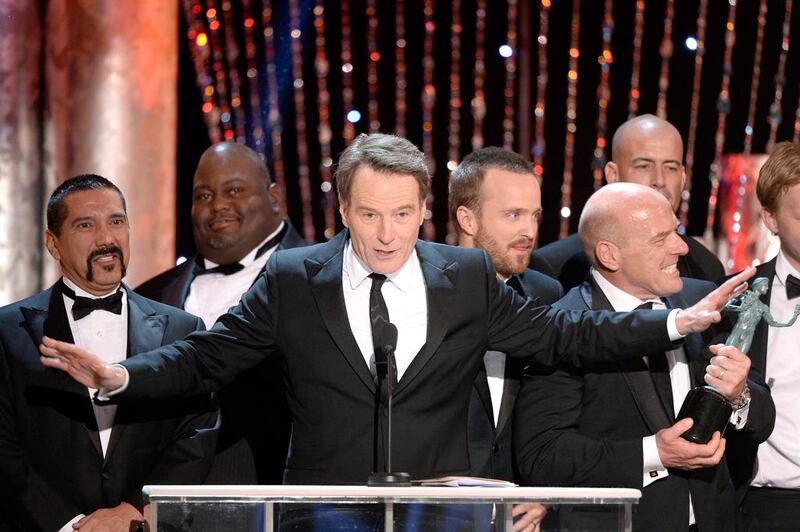Actor Bryan Cranston accepts the Outstanding Performance by an Ensemble in a Drama Series award for Breaking Bad onstage. AFP 

