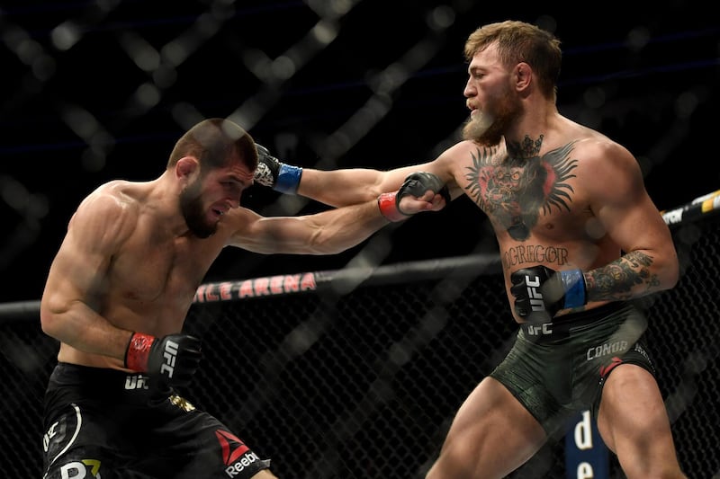 LAS VEGAS, CA - OCTOBER 06:  Khabib Nurmagomedov, left, and Conor McGregor exchange punches during their fight at UFC 229 at the T-Mobile Arena in Las Vegas, Nev. Friday, Oct. 6, 2018. (Photo by Hans Gutknecht/Digital First Media/Los Angeles Daily News via Getty Images)