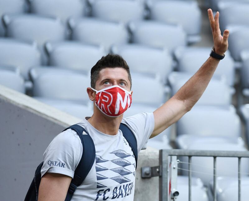 Bayern Munich's Robert Lewandowski waves prior to the match against Eintracht Frankfurt on Saturday. AP