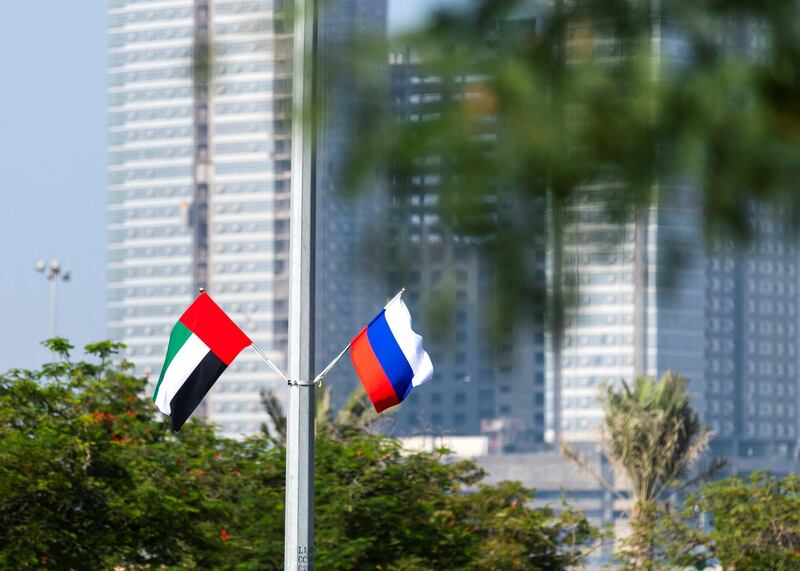 ABU DHABI, UNITED ARAB EMIRATES. 12 OCTOBER 2019. 
UAE & Russian flags decorated the corniche street in Abu Dhabi. The UAE celebrates Hazza Al Mansouri arrvial to the country today, along with backup astronaut Sultan Al Neyadi.

(Photo: Reem Mohammed/The National)

Reporter:
Section: