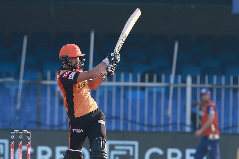 Manish Pandey of Sunrisers Hyderabad plays a shot during match 17 of season 13 of the Indian Premier League (IPL ) between the Mumbai Indians  and the Sunrisers Hyderabad held at the Sharjah Cricket Stadium, Sharjah in the United Arab Emirates on the 4th October 2020.  Photo by: Rahul Gulati  / Sportzpics for BCCI