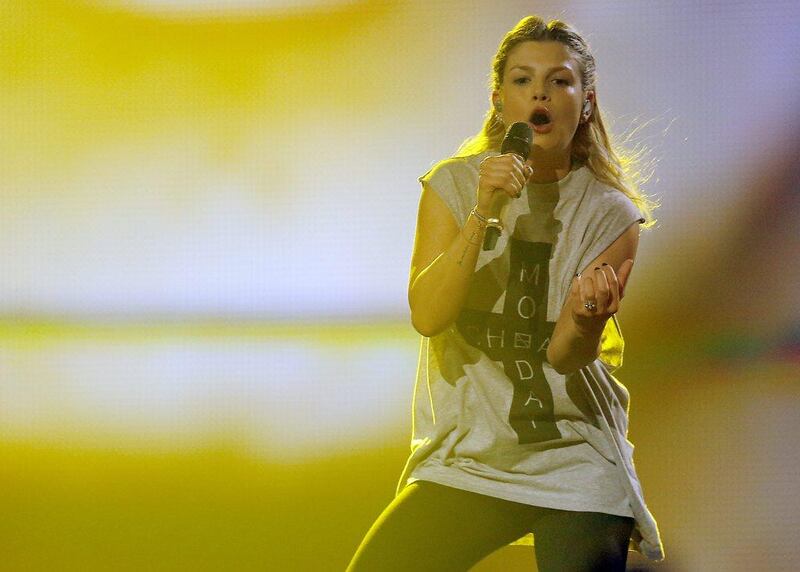 Singer Emma representing Italy performs the song 'La Mia Citta' during a rehearsal of the Eurovision Song Contest Final in the B&W Halls in Copenhagen, Denmark. AP
