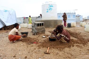 Yemenis gather at s makeshift camp for displaced people who fled fighting between the Houthi rebels and the internationally recognised government. AFP