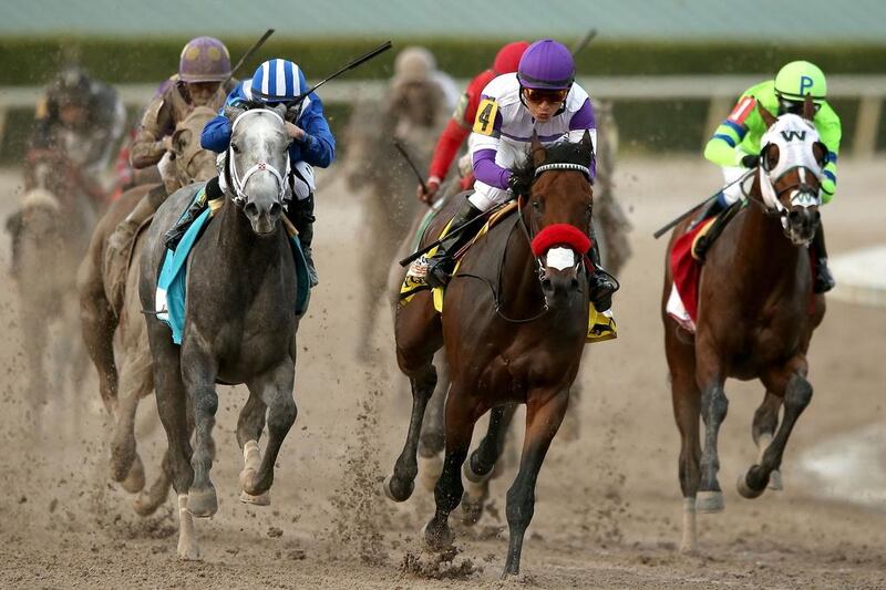 Nyquist, centre, shown in action during the Florida Derby in April. Matthew Stockman / Getty Images / AFP