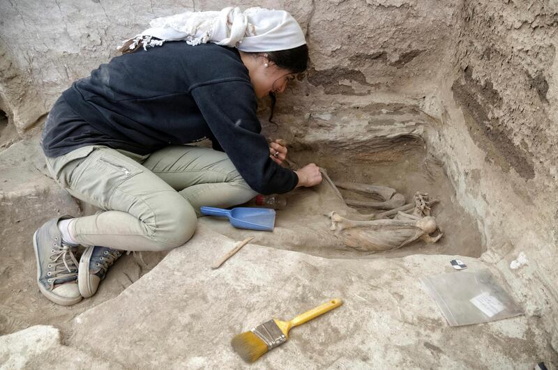 A researcher excavates the ruins of Catalhoyuk, a prehistoric settlement located in south-central Turkey that was inhabited from about 9,100 to 7,950 years ago, in this photograph released from Istanbul, Turkey,  June 17, 2019. Scott Haddow/Handout via REUTERS ATTENTION EDITORS - THIS IMAGE HAS BEEN SUPPLIED BY A THIRD PARTY. NO RESALES. NO ARCHIVES.