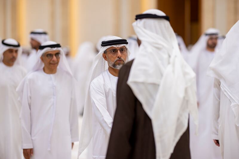 President Sheikh Mohamed receives condolences from Suhail Al Mazrouei, Minister of Energy and Infrastructure, on the passing of Sheikh Tahnoon bin Mohammed, Ruler's Representative in Al Ain Region, at Al Mushrif Palace. Ryan Carter / UAE Presidential Court