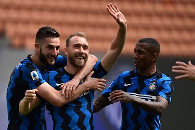 Christian Eriksen celebrates after scoring a free-kick for Inter Milan against Udinese in May, 2021. AFP