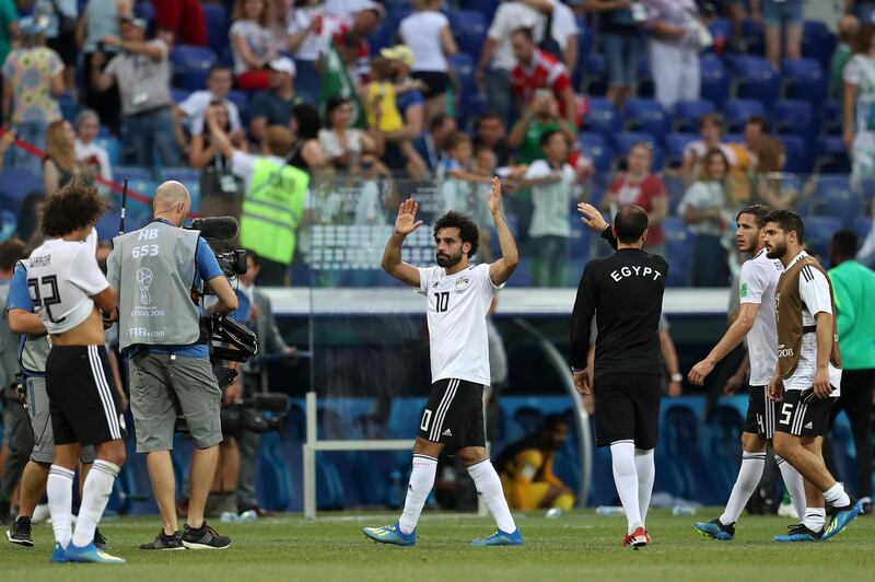 Mohamed Salah of Egypt shows appreciation to the fans following his side's defeat against Saudia Arabia. Getty
