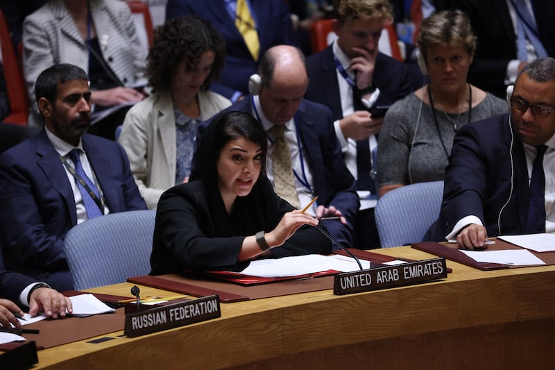 Reem Al Hashemy, UAE Minister of State for International Co-operation, speaks during the Security Council meeting. EPA