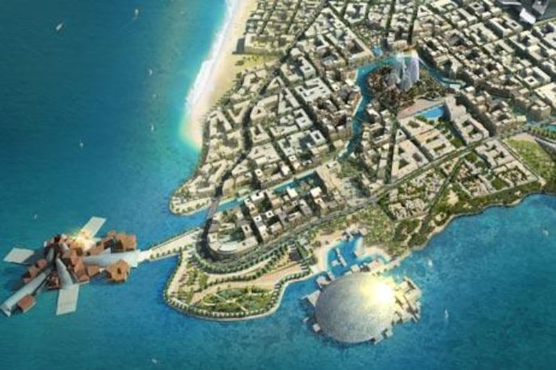 EMBARGOED UNTIL 11:00AM NOVEMBER 25th, 2010
A Saadiyat Island overview seen in this computer rendering distributed by TDIC in relation to Saadiyat Island, the Arts Quarter, and the newly unveiled design for the Zayed National Museum. Pictured left to right Guggenheim, Zayed National Museum (inland), Louvre, Performing Arts Centre (Courtesy TDIC)