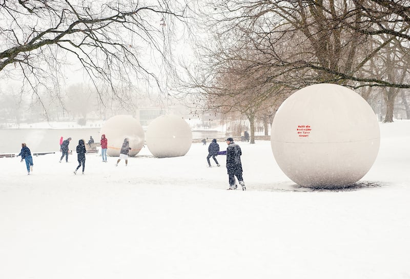 Oldenburg enjoyed placing his work in the middle of public areas for people to enjoy, such as 'Giant Pool Balls' in Aasee, Germany. Getty Images