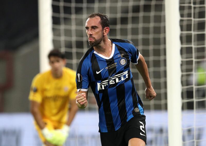 Diego Godin of Inter Milan celebrates after scoring his team's second goal during the UEFA Europa League Final between Seville and FC Internazionale at RheinEnergieStadion on August 21, 2020 in Cologne, Germany. Reuters