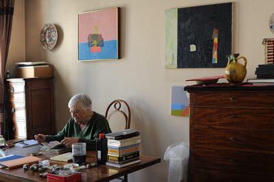 American-Lebanese artist and writer Etel Adnan at home in her studio workshop in 2015 in Paris. Getty Images