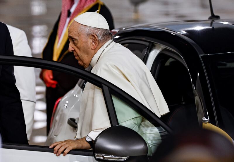 Pope Francis arrives at Sakhir Palace. Reuters