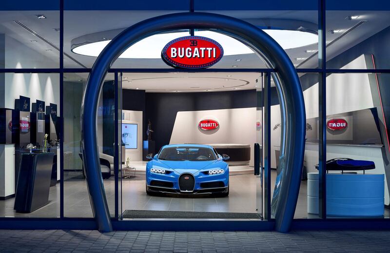 A Bugatti Chiron at Bugatti's Dubai showroom on Sheikh Zayed Road. Cloud 9 Photography