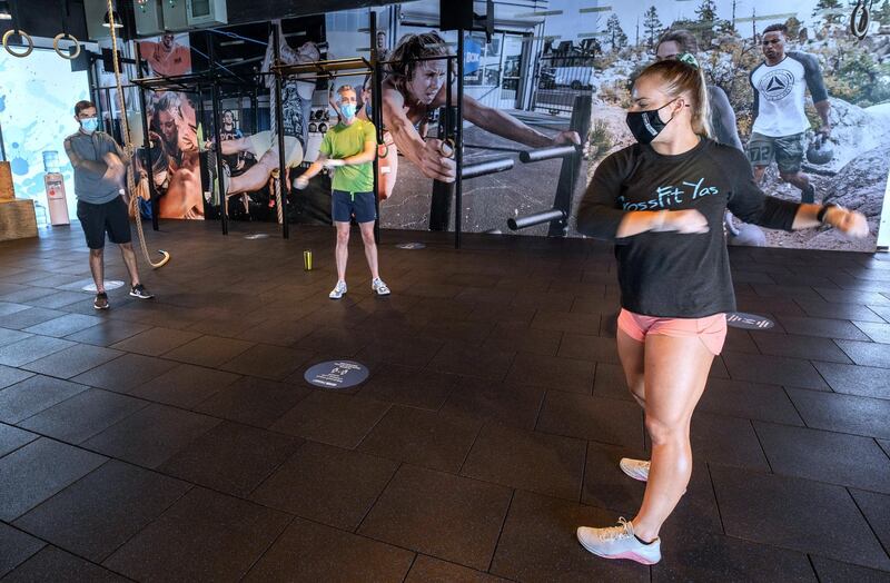 Abu Dhabi, United Arab Emirates, July 1, 2020.  CrossFit class at Vogue Fitness Yas Marina, Abu Dhabi.
Victor Besa  / The National
Section:  NA 
Reporter:  Haneen Dajani