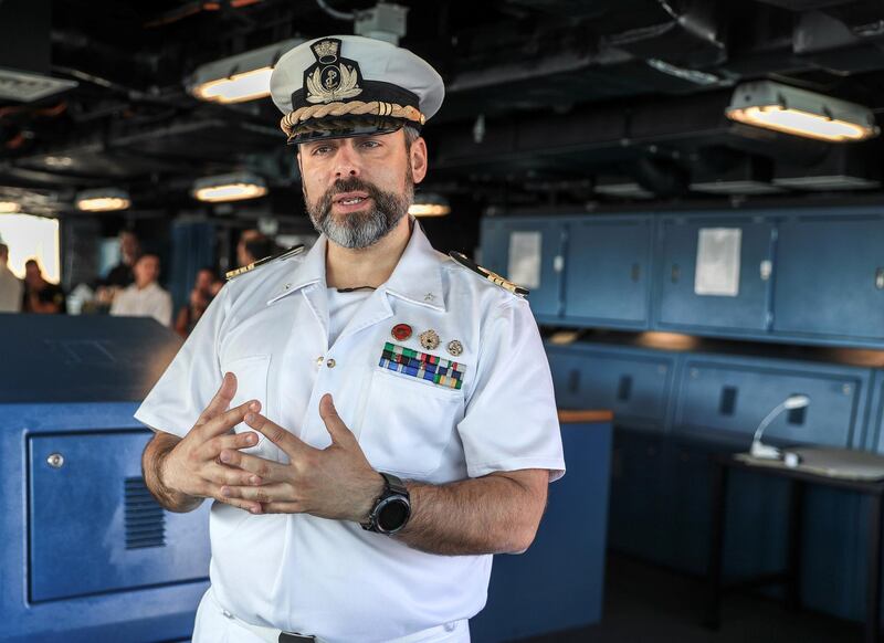 Abu Dhabi, U.A.E., February 14, 2019.  European Multi-Mission Frigate (FREMM), Italian frigate, Carlo Margottini (F 592)  has docked at the Abu Dhabi Port with Commander Marco Guerriero as the Captain.  --  Commander Marco Guerriero at the command centre or bridge of the frigate, F592.Victor Besa/The NationalSection:  NAReporter:  Charlie Mitchell