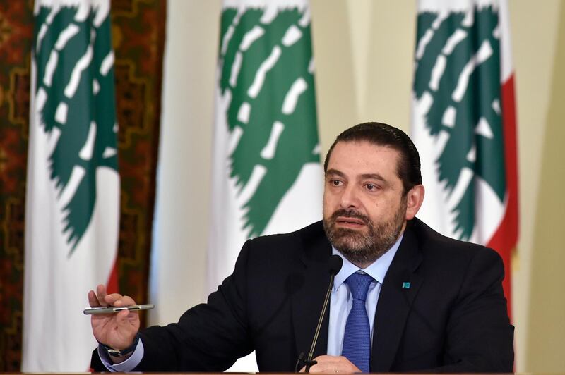 epa06661219 Lebanese Prime Minister Saad Hariri speaks during a press conference to address the results of the 'Cedar Conference' at the government palace in downtown Beirut, Lebanon, 11 April 2018. International donors have pledged 11 billion US dollars investment plan for Lebanon at the 'Cedar Conference' held in the French capital, Paris, on 06 April, hoping to stave off an economic crisis. Lebanon's economic growth has plummeted due to repeated political crises, compounded by the Syrian war which has sent a million refugees across the border, equivalent to a quarter of the Lebanese population before the conflict.  EPA/WAEL HAMZEH