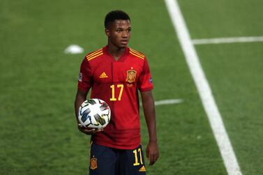 MADRID, SPAIN - SEPTEMBER 06: Ansu Fati of Spain hols the ball during the UEFA Nations League group stage match between Spain and Ukraine at Estadio Alfredo Di Stefano on September 06, 2020 in Madrid, Spain. (Photo by Gonzalo Arroyo Moreno/Getty Images)