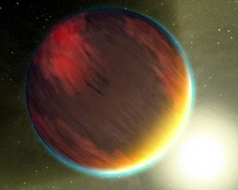 An artist's impression of a cloudy Jupiter-like planet that orbits very close to its fiery hot star.
