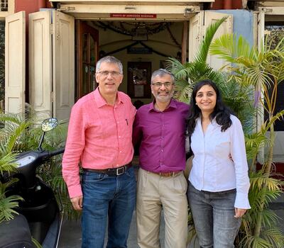 John Temple, left, with Sudheendra and Jaya Hangal, co-founders of Amuse Labs