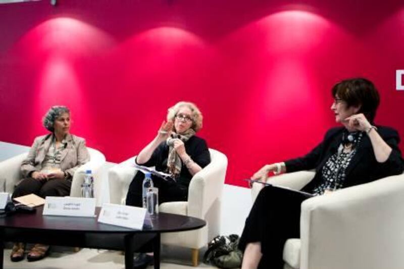 ABU DHABI, UNITED ARAB EMIRATES ‚Äì March 19, 2011: Haifa Zangana: Iraqi writer and political activist, Gloria Jacobs: Executive Director, The Feminist Press, and Judith Miller, Professor of French at New York University, left to right, speak during "Outspoken; Women Writers of the Middle East"  at the International Book Fair at ADNEC. The panel discussed the importance of feminist press as a resource for writers and North American readers to discover more about women's lives in the region.   ( Andrew Henderson / The National )
