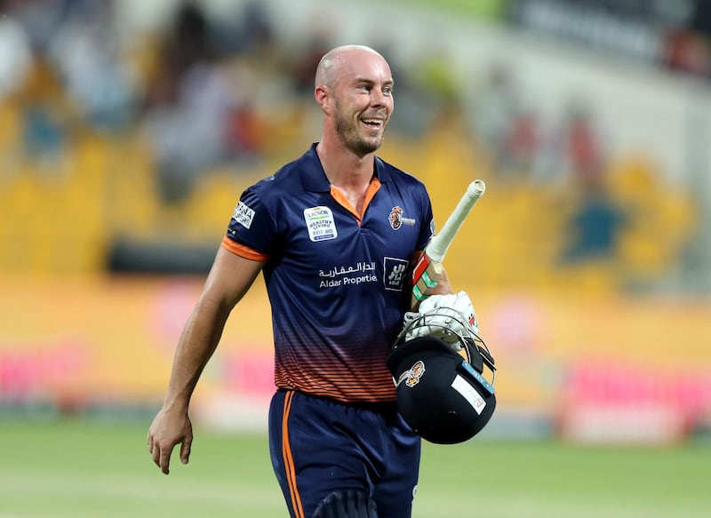 Abu Dhabi, United Arab Emirates - November 18, 2019: Arabians' Chris Lynn hits his way to 91 off 30 balls during the game between Maratha Arabians and Team Abu Dhabi in the Abu Dhabi T10 league. Monday the 18th of November 2019. Zayed Cricket Stadium, Abu Dhabi. Chris Whiteoak / The National