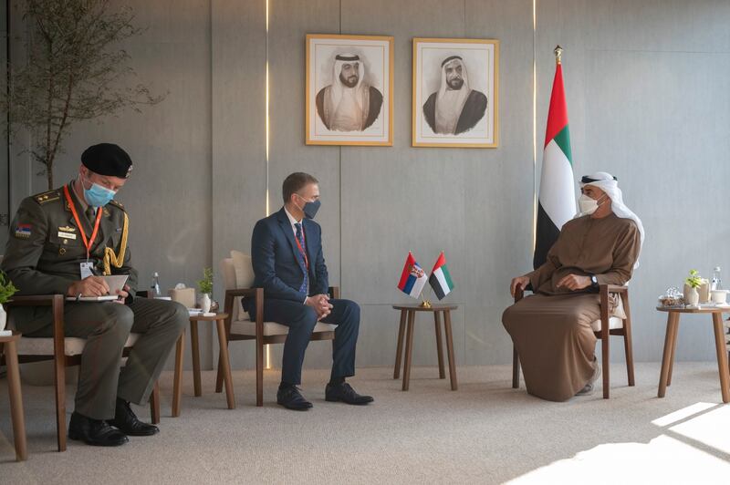 ABU DHABI, UNITED ARAB EMIRATES - February 23, 2021: HH Sheikh Mohamed bin Zayed Al Nahyan, Crown Prince of Abu Dhabi and Deputy Supreme Commander of the UAE Armed Forces (R) meets with HE Nebojsa Stefanovic, Deputy Prime Minister and Minister of Defence of Serbia (C), during the International Defence Exhibition and Conference 2021 (IDEX), at ADNEC.

( Rashed Al Mansoori / Ministry of Presidential Affairs )
---