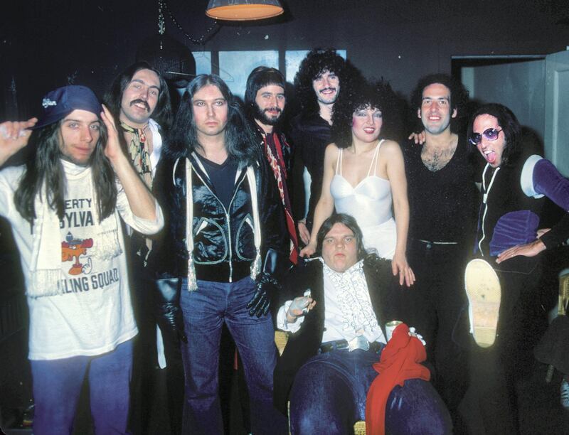 PHILADELPHIA - APRIL 6, 1978: Jim Steinmann and Meatloaf backstage with entire band at the Tower Theater in Philadelphia on April 6, 1978.(Ron Pownall/Getty Images)