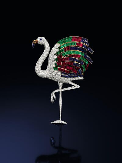 A Cartier flamingo brooch from 1940 that belonged to the Duchess of Windsor, Wallis Simpson. Courtesy Sotheby's