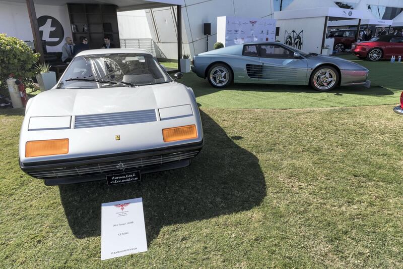 DUBAI, UNITED ARAB EMIRATES. 07 DECEMBER 2017. Cars on display at the Gulf Concours event at the Burj Al Arab. 1981 Ferrari 512BB. (Photo: Antonie Robertson/The National) Journalist: Adam Workman. Section: Motoring.