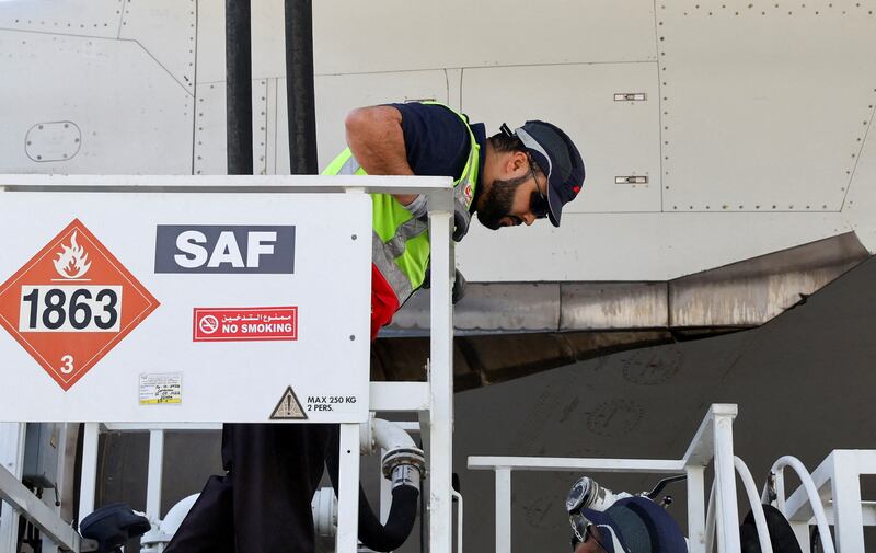An Emirates Boeing 777-300ER is filled with sustainable aviation fuel (SAF) during a demonstration flight earlier this year. Reuters