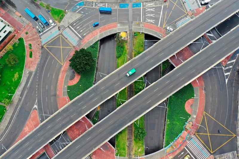 Aerial view showing empty roads in Bogota as a consequence of measures taken against the spread of the new coronavirus, COVID-19, outbreak.   AFP