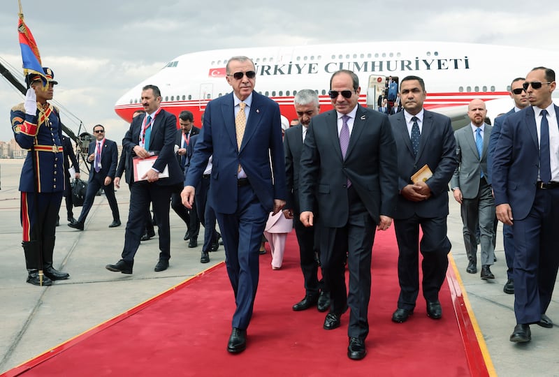 Mr Erdogan, left, on his first visit to Egypt in 11 years, with Mr El Sisi. AP
