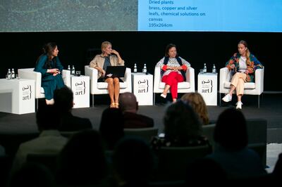 Art historian Rachida Triki, second right, curated Abu Dhabi Art's Focus section, highlighting art from North Africa. Photo: Abu Dhabi Art