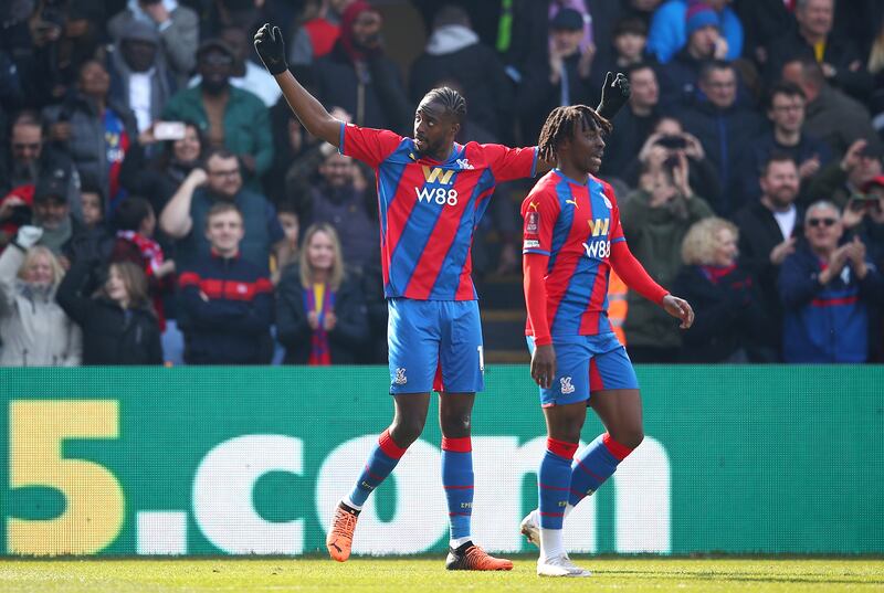 Palace's Jean-Philippe Mateta celebrates after scoring the  second goal. Getty