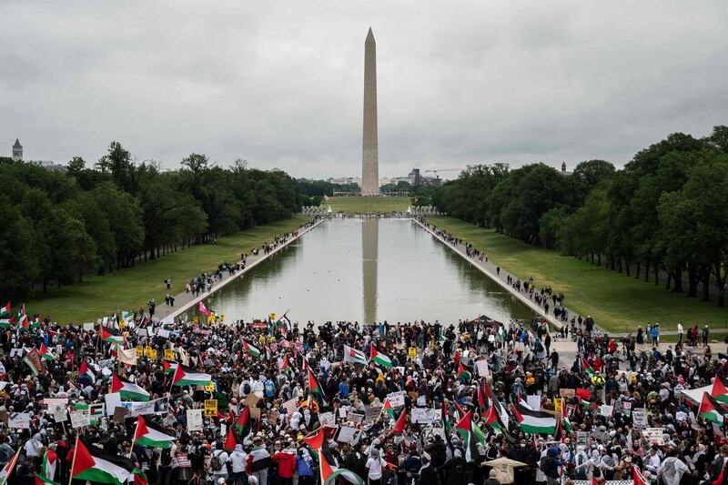 Supporters of Palestine hold a rally at the Lincoln Memorial in Washington, US. AFP