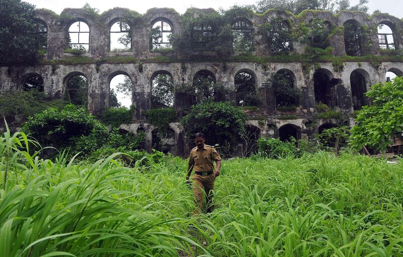 A policeman walks through overgrown grass on the Shakti Mills premises, where a female photographer was gang-raped overnight,  in Mumbai on August 23, 2013. Five men gang-raped a woman photographer in India's financial hub Mumbai, police said August 23, stirring memories of a similar incident eight months ago in New Delhi which triggered nationwide protests.  AFP PHOTO/Indranil MUKHERJEE
 *** Local Caption ***  788636-01-08.jpg
