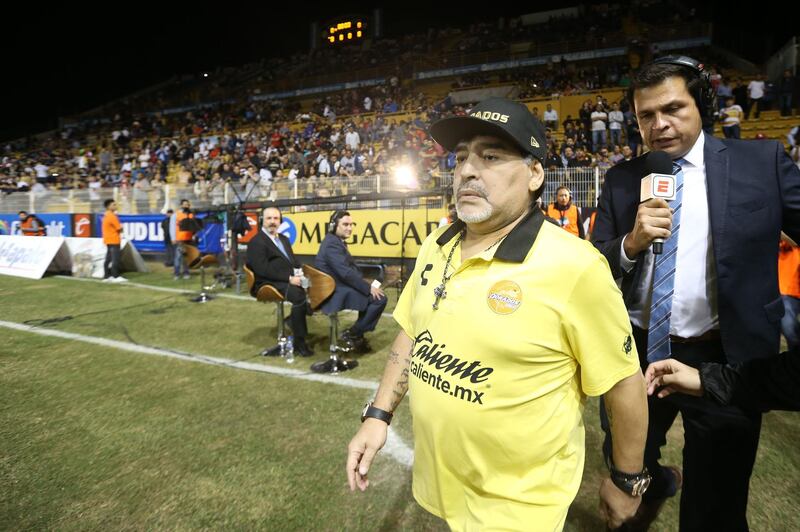 Maradona gets in the field prior the final first leg match between Dorados de Sinaloa and Atletico San Luis. Getty Images