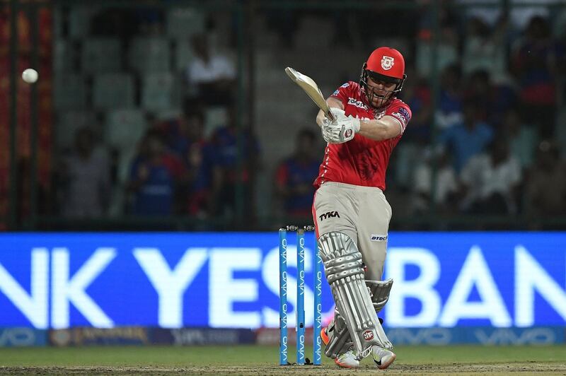 Kings XI Punjab cricketer Eoin Morgan plays a shot during the 2017 Indian Premier League (IPL) Twenty20 cricket match between Delhi Daredevils and Kings XI Punjab at Feroz Shah Kotla Stadium in New Delhi on April 15, 2017.  / GETTYOUT / ----IMAGE RESTRICTED TO EDITORIAL USE - STRICTLY NO COMMERCIAL USE----- / GETTYOUT / AFP PHOTO / PRAKASH SINGH / ----IMAGE RESTRICTED TO EDITORIAL USE - STRICTLY NO COMMERCIAL USE----- / GETTYOUT