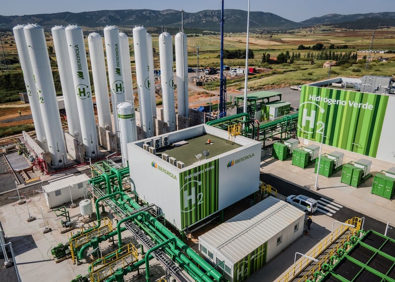 Hydrogen storage tanks, an electricity substation and electrolyser at Iberdola's green hydrogen plant in Puertollano, Spain. Bloomberg