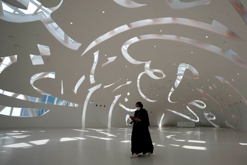 The museum, with its striking calligraphy-inscribed facade featuring quotes from Sheikh Mohammed bin Rashid, Vice President and Ruler of Dubai, represents a new type of architecture for Dubai. Kamran Jebreili / AP Photo