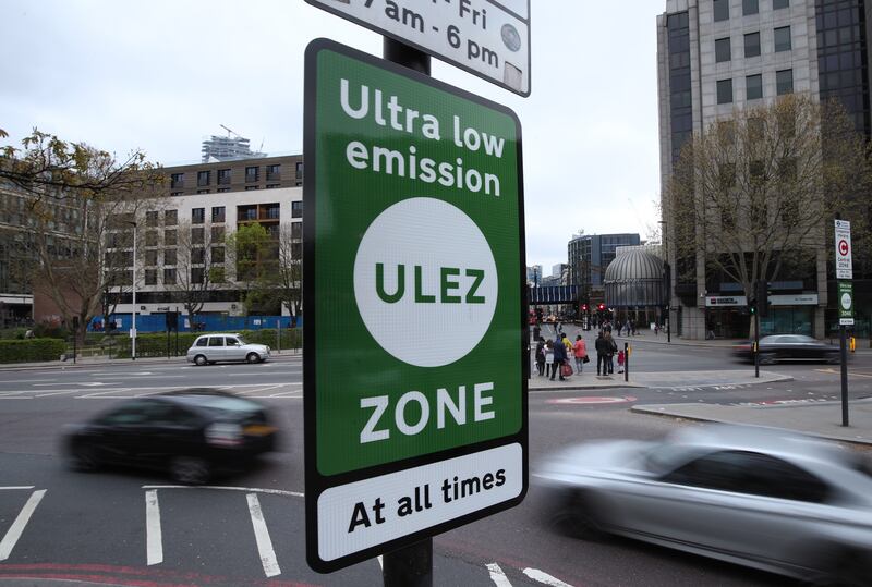 Ultra-Low Emission Zone signs at Tower Hill in Central London. Photo: PA