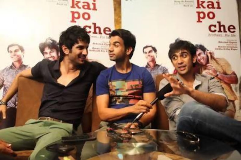From left, Sushant Singh Rajput, Raj Kumar Yadav and Amit Sadh play the lead roles in Kai Po Che, which will be out in the UAE on Thursday. Lee Hoagland / The National